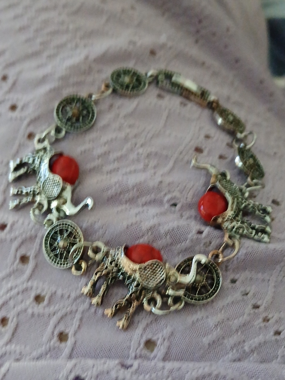 Women’s Elephant Charm Bracelet with Red Gem Accents